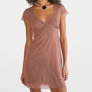 Aeropostale Brown V-Neck Mesh Polyester Spandex Dress Pink Floral Junior Size XS